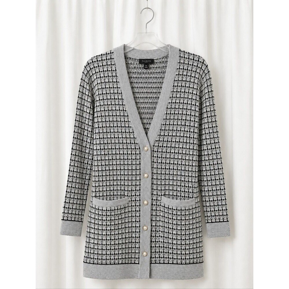 Talbots Pure Merino Wool Long Cardigan Pearl Buttons Gray Black Knit Sweater